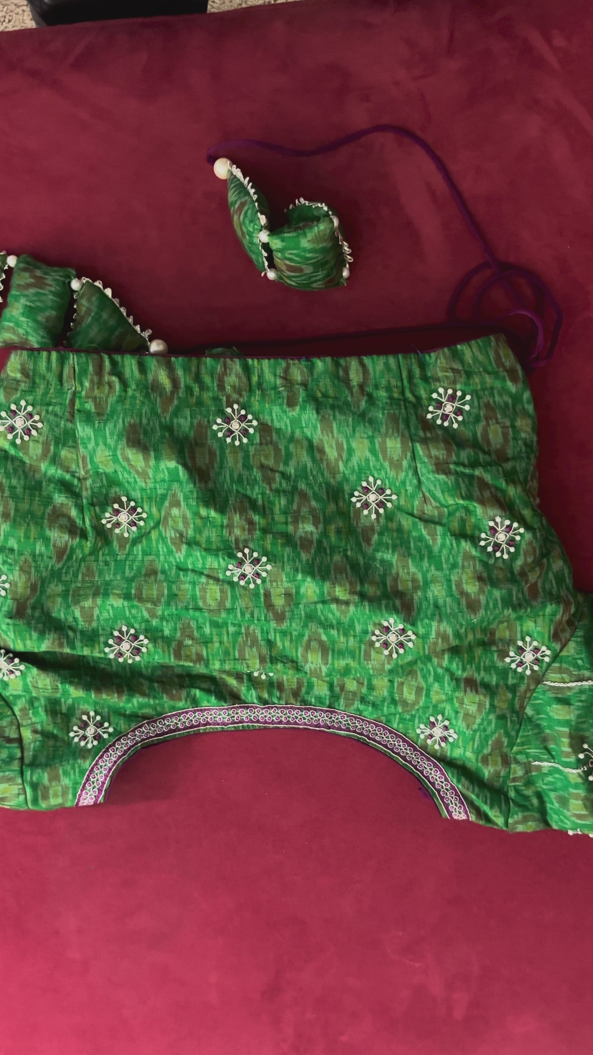 Green Blouse with Purple Details and Triangular & Square Tassels