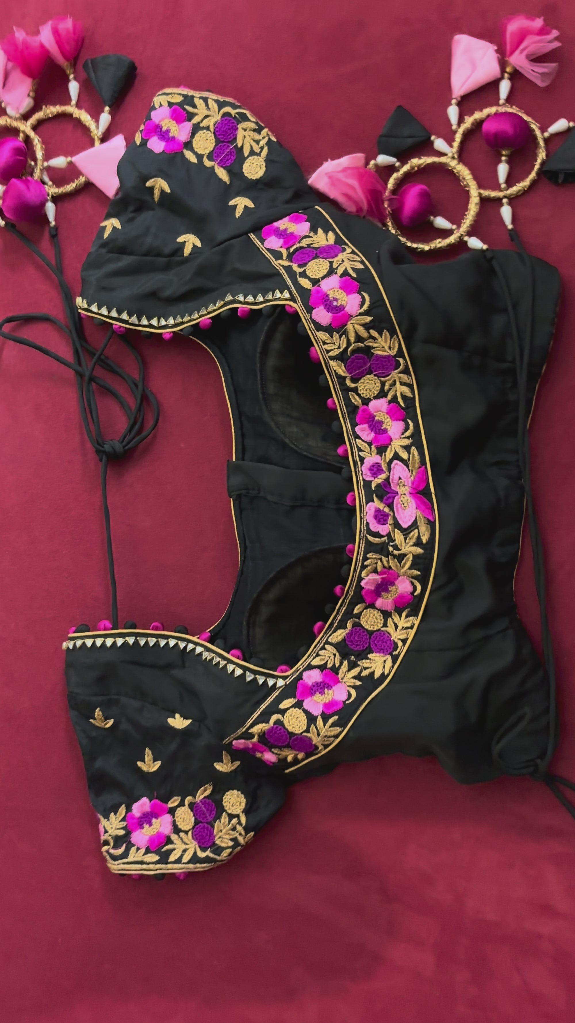 Black Blouse with Pink and Purple Flower Details and Ring Tassels