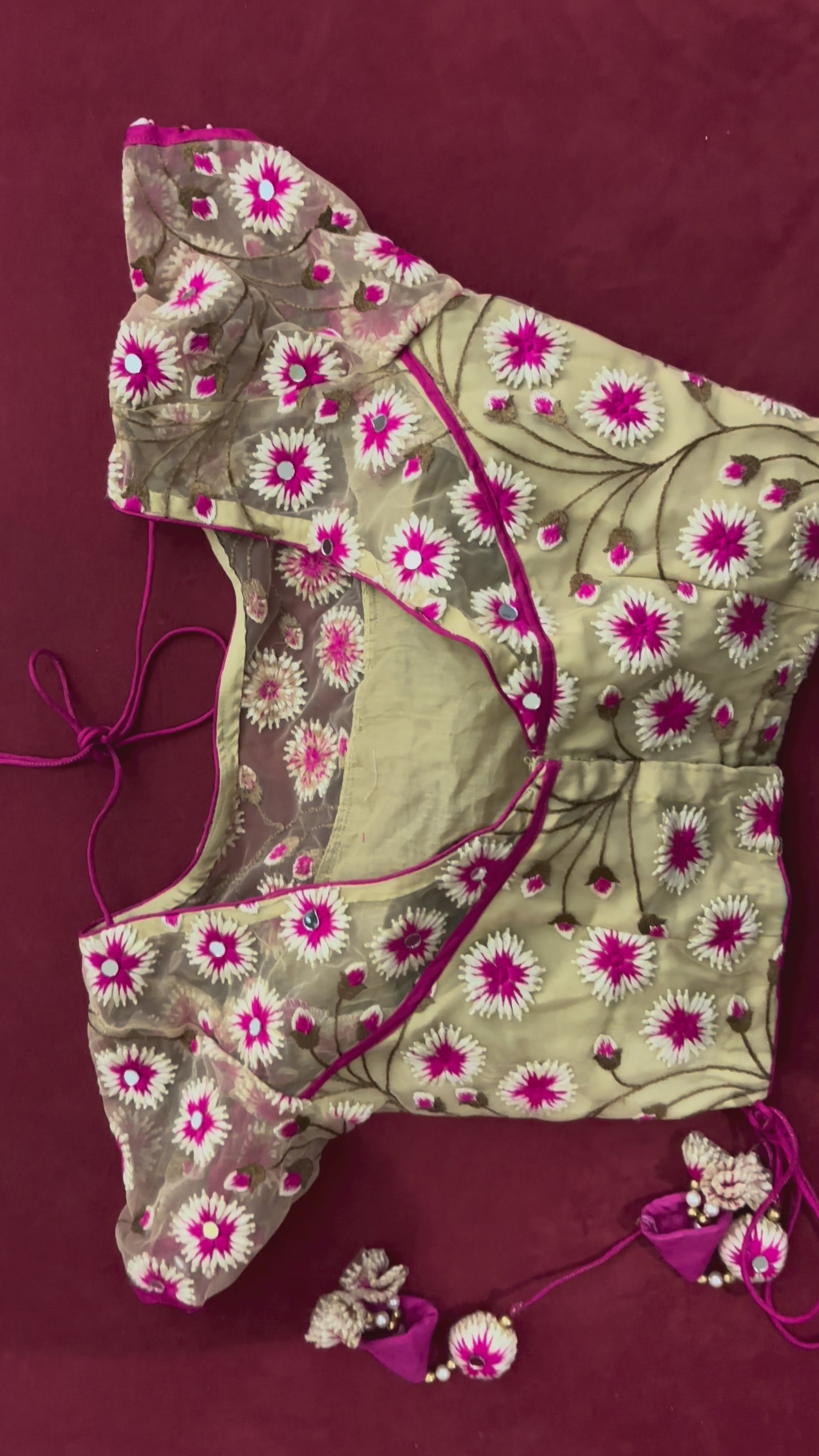 Cream Blouse with Pink & White Flower Designs