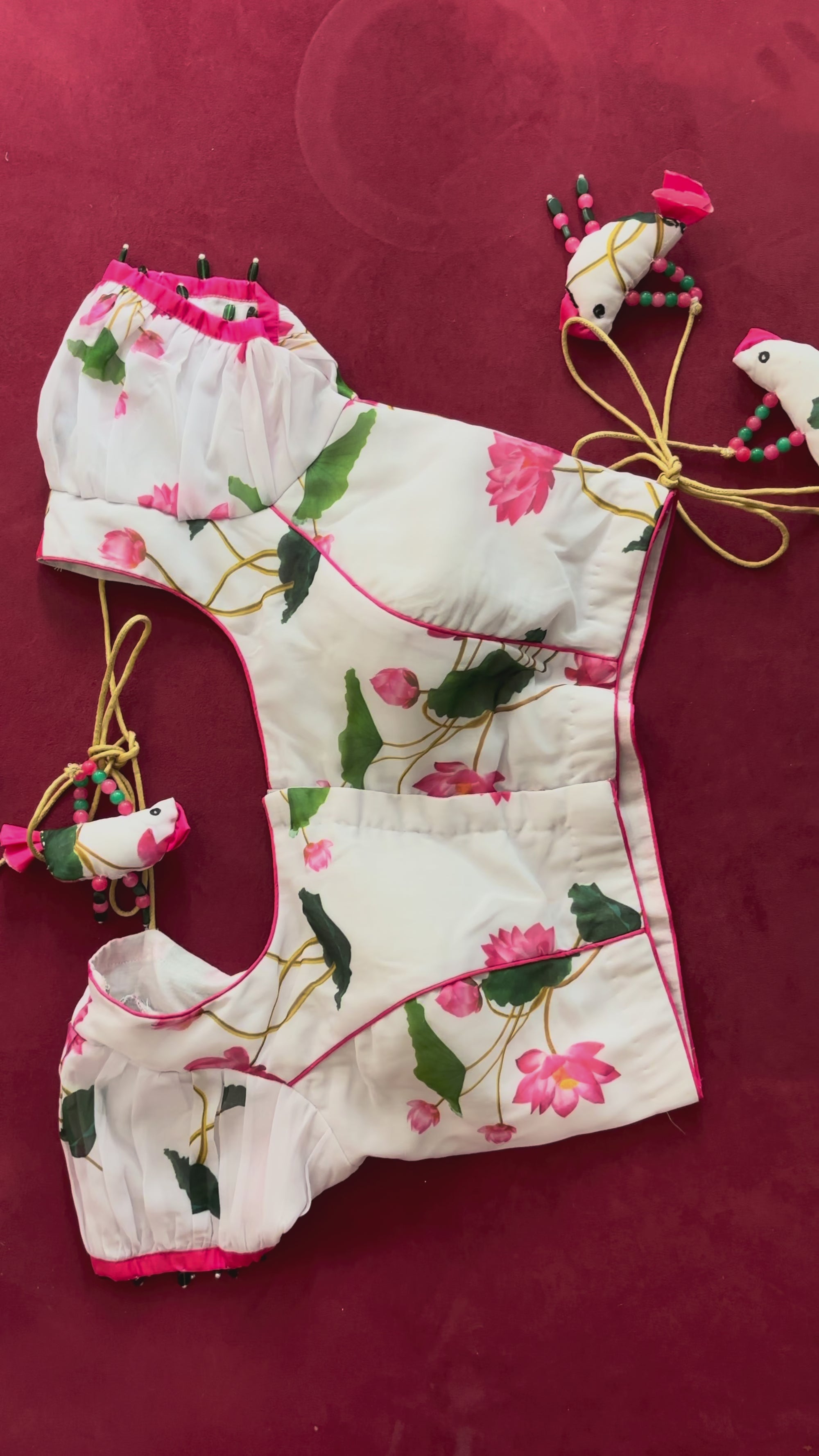 White Blouse with Pink and Green Designs with Plants and Bird Tassels
