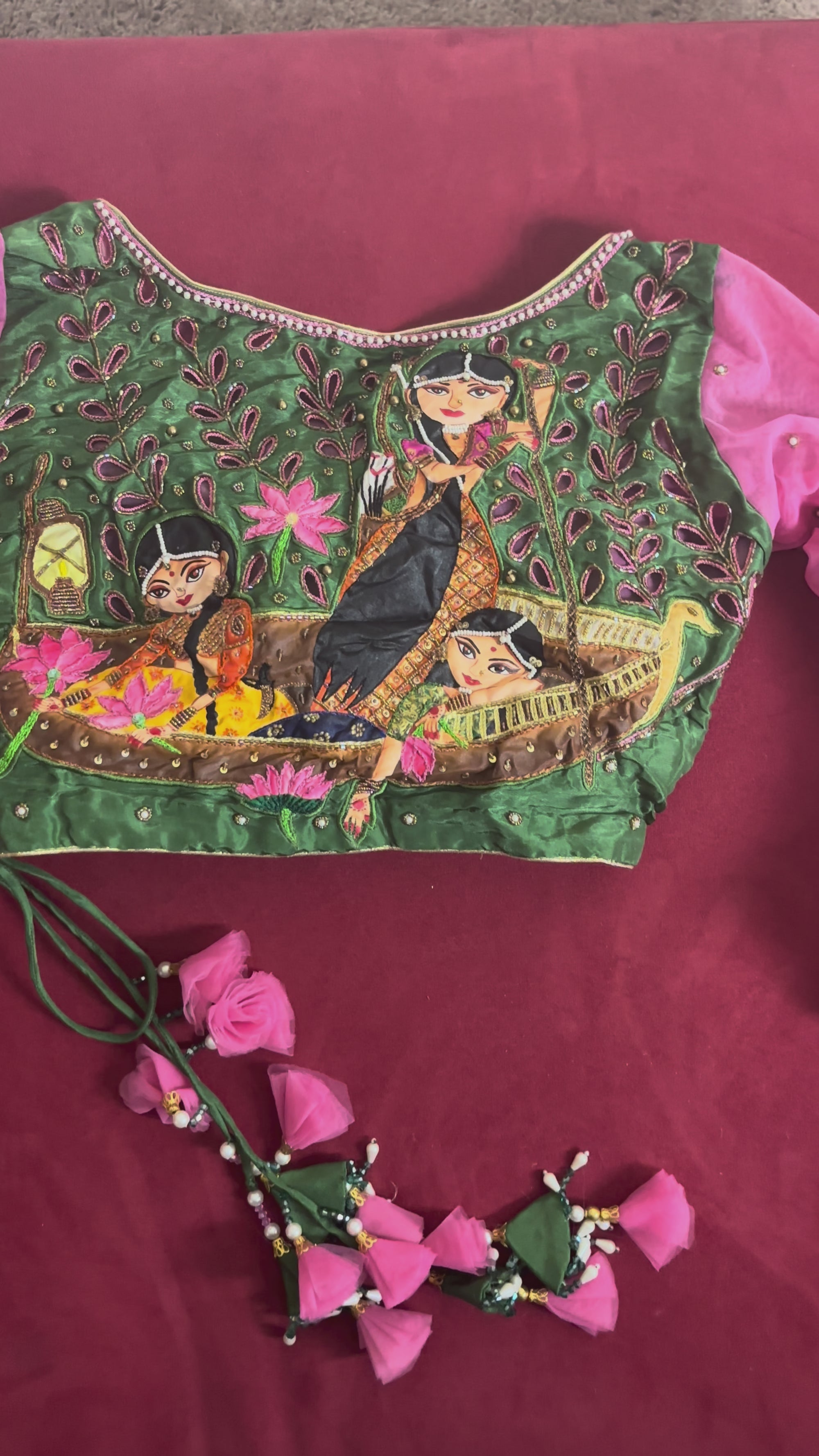 Green and Pink Blouse with Art of Ladies in Boat