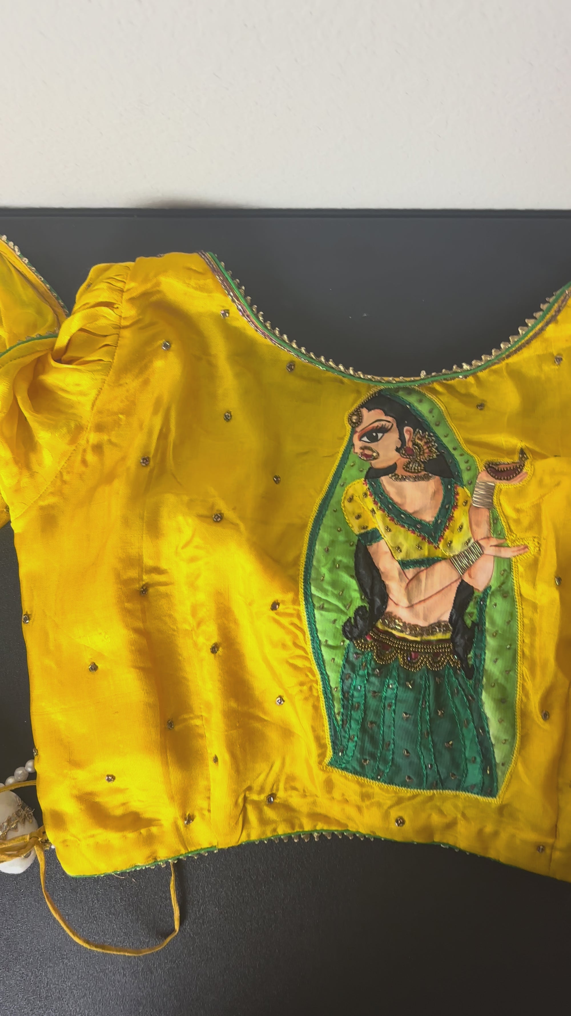 Yellow Painting Blouse with Female Figure and Bird Tassels
