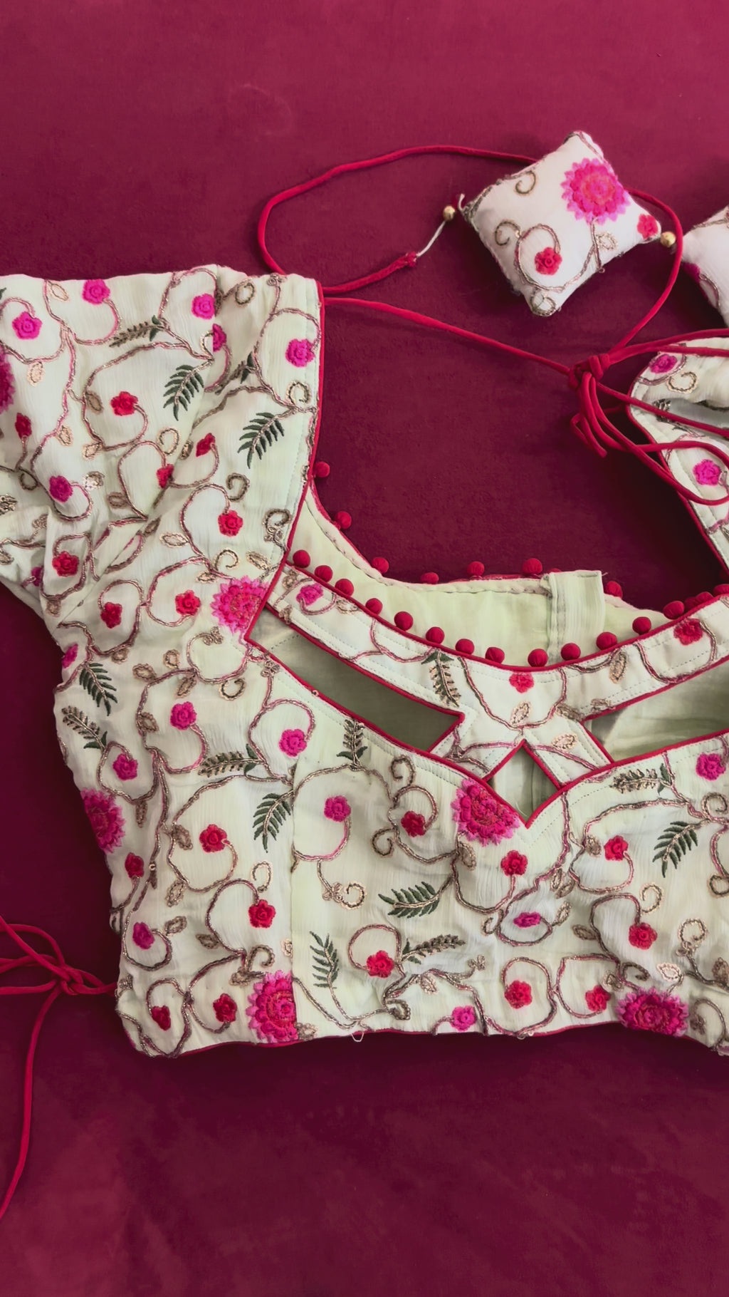 White Blouse with Pink Details and Square Tassels