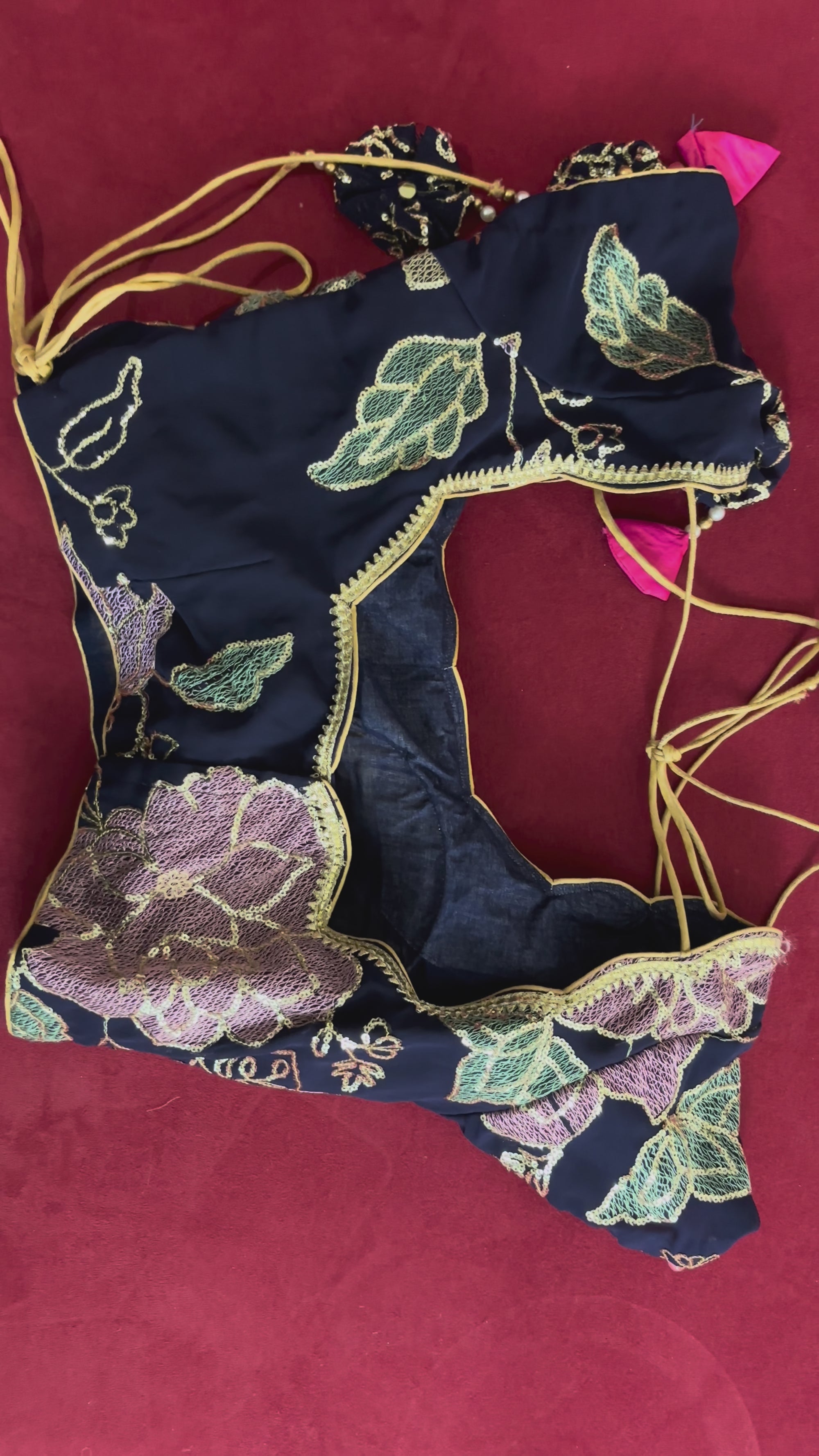 Navy Blue Blouse with Purple Flowers and Green Leaf Designs